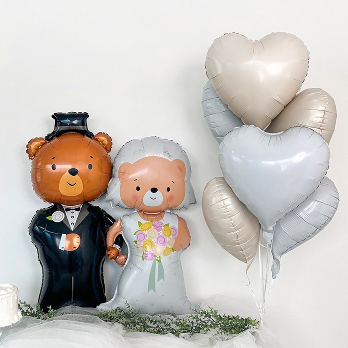 파티아일랜드 곰돌이 신랑 신부 하트 호일 풍선 세트, 크림하트풍선  화이트하트풍선, 1세트