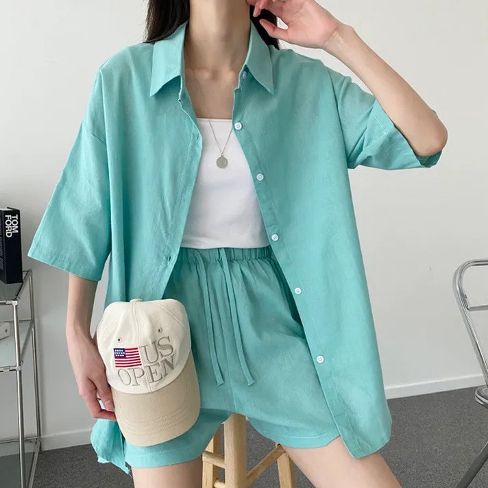 더시럽 여성용 간편한 데일리 셔츠 반바지 투피스