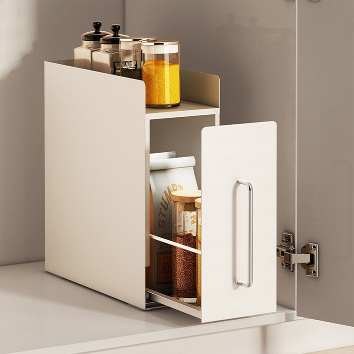 HK sell 미끄 슬라이딩 철제수납장 슬림 틈새수납 양념통 디귿 서랍