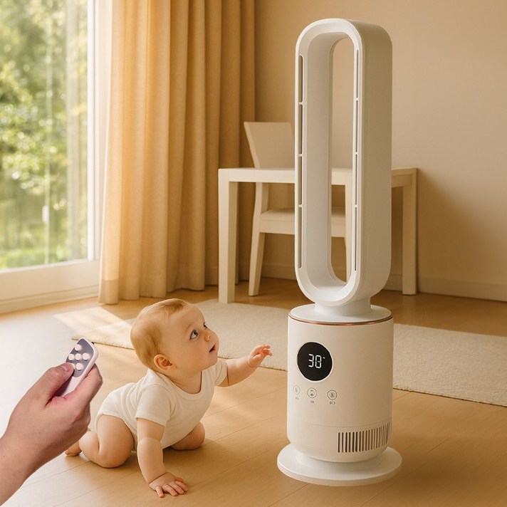 데일리공식 PTC 날개없는 온풍기 전기 히터 타워형 난방기 무드등 리모컨, 화이트