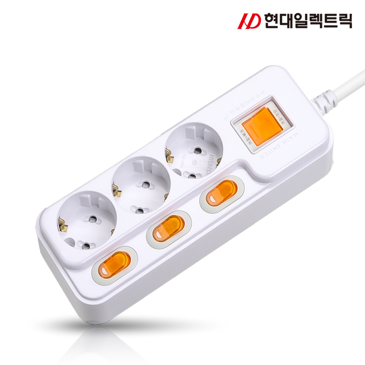 현대 국산 접지 개별 과부하차단 스위치 멀티탭 멀티콘센트 3구 16A, 5m, 화이트, 1개 현대 국산 접지 개별 과부하차단 스위치 멀티탭 멀티콘센트 3구 16A, 5m, 화이트, 1개