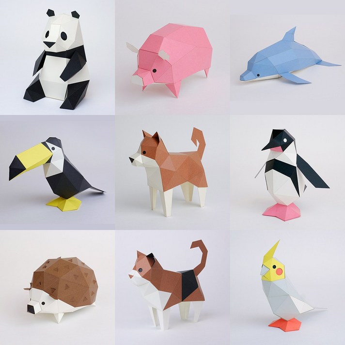 일본 정식수입 KAKUKAKU TINY 동물 17종 모음 DIY 페이퍼크래프트 종이모형 종이퍼즐 3D모형 3D 종이 입체퍼즐 장식품 집꾸미기 동물모형, 검은시바견