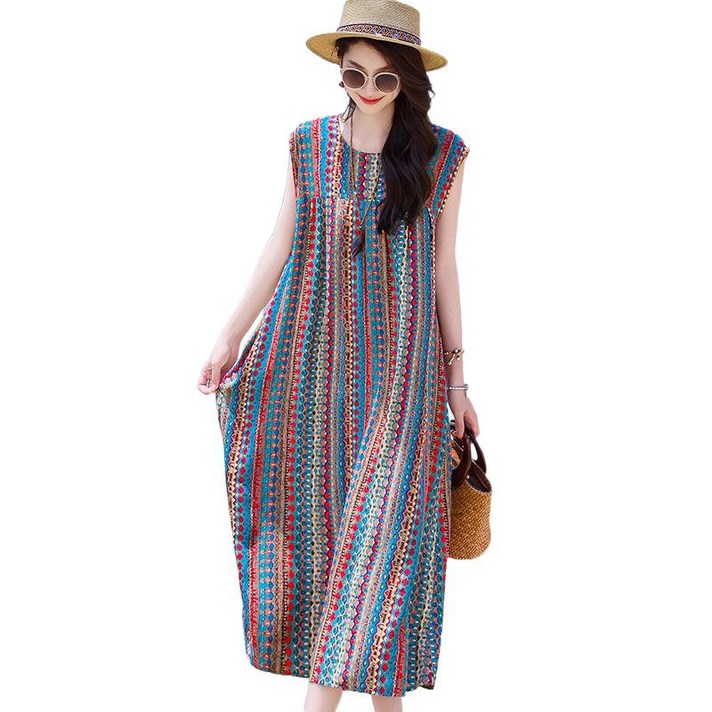 해피유통 여성용 여름 보헤미안 스타일 원피스 민족 인쇄 데일리 패션 자유로운 여성 캐주얼 드레스 lmy