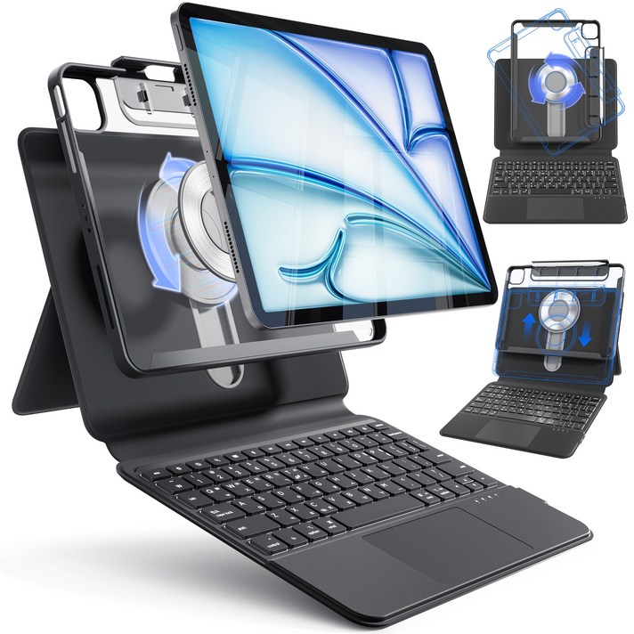 AITEWO 아이패드 매직키보드 케이스 펜슬 수납 360도회전 일체형 맥세이프 세로 가로 트랙패드 에어7654321세대 프로 1110.91312.9인치, 블랙, 아이패드 프로 7세대 M4 11인치, 1개