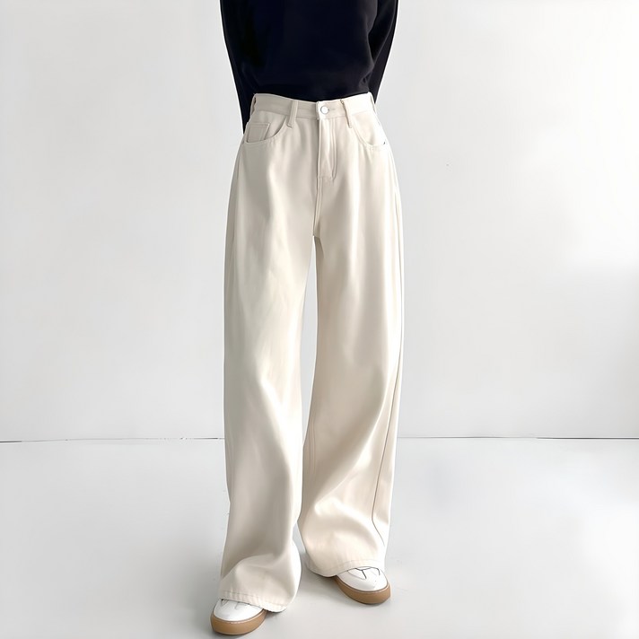 잘빠진 여성용 융털 기모 롱기장 세미 와이드 코튼 팬츠