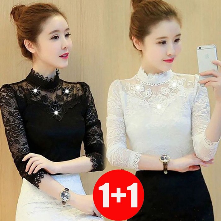 ZIGODAG 11 여성 가을 겨울 레이스 긴팔 블라우스 하이넥 따뜻한 슬림핏 티셔츠 ZKYYBQ52855