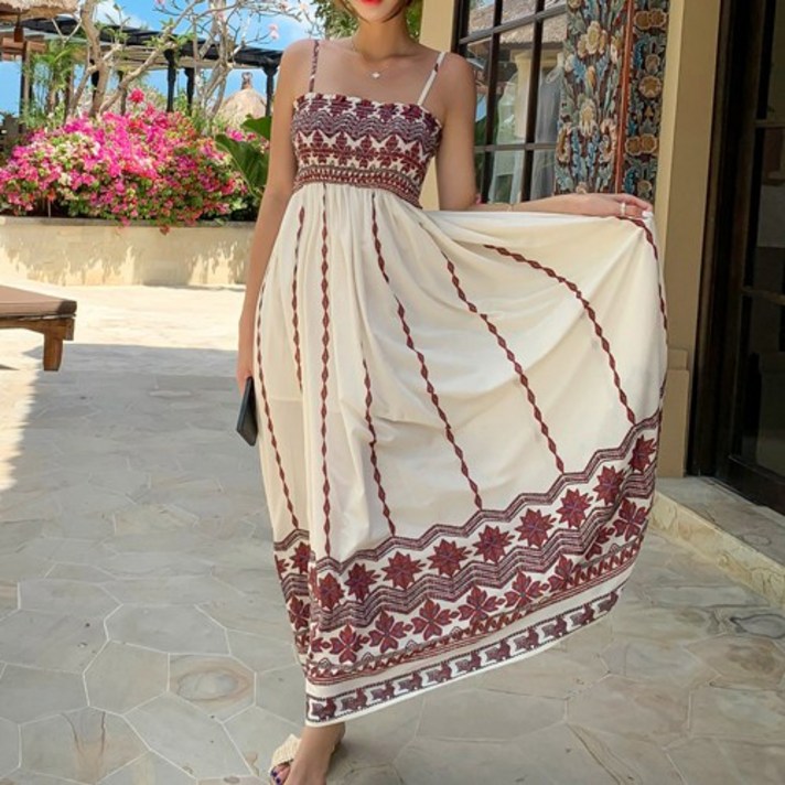 4488자체제작 비키비키 할리아 원피스 롱 끈 여자 비치원피스 에스닉 빅사이즈 밴딩 휴양지 바캉스 비치웨어