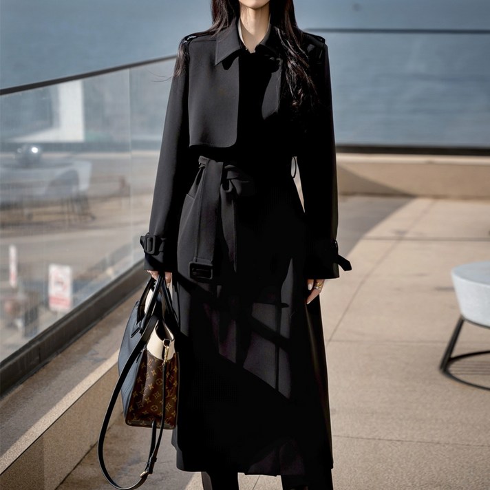 블랙 더블 트렌치 롱코트 정사이즈 밀파원단 벨티드 클래식 프리미엄