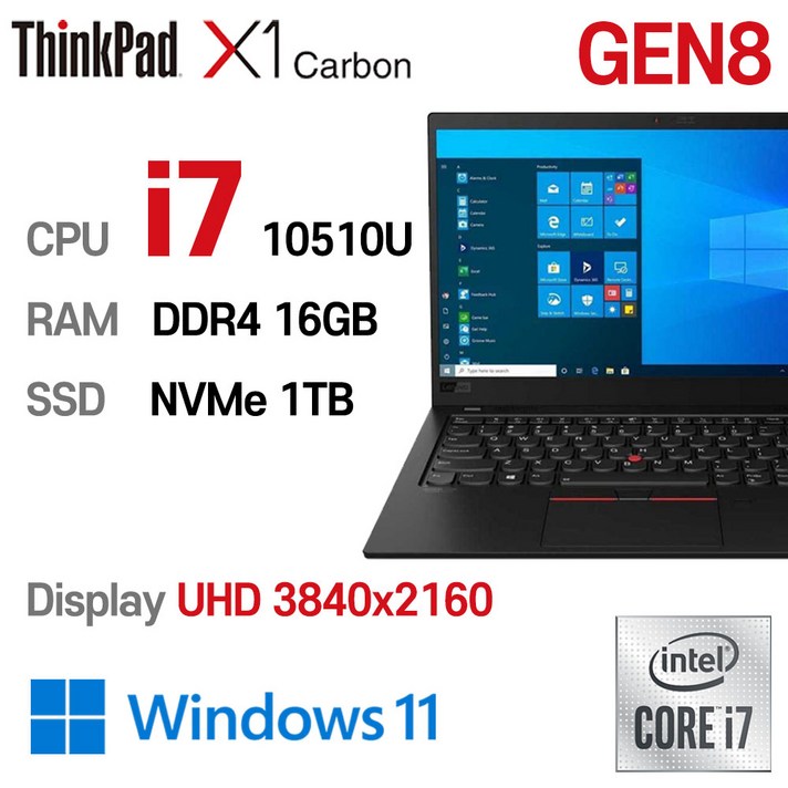 중고노트북 ThinkPad X1 CARBON Gen 8 intel 10세대 corei710510U 16GB 울트라슬림, X1 Carbon GEN 8 UHD, WIN11 Pro, 16GB, 1TB, 코어i7 10510U, BLACK