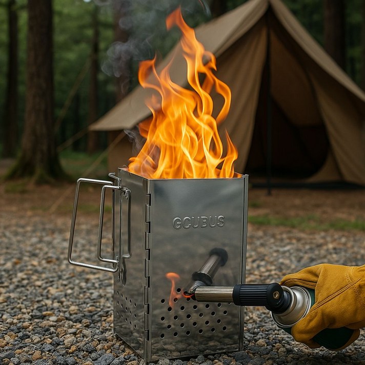 캠핑몽 특대형 사각 스텐 차콜스타터 접이식 휴대용 점화기 착화기 침니 숯불 화로 바베큐그릴, 1개