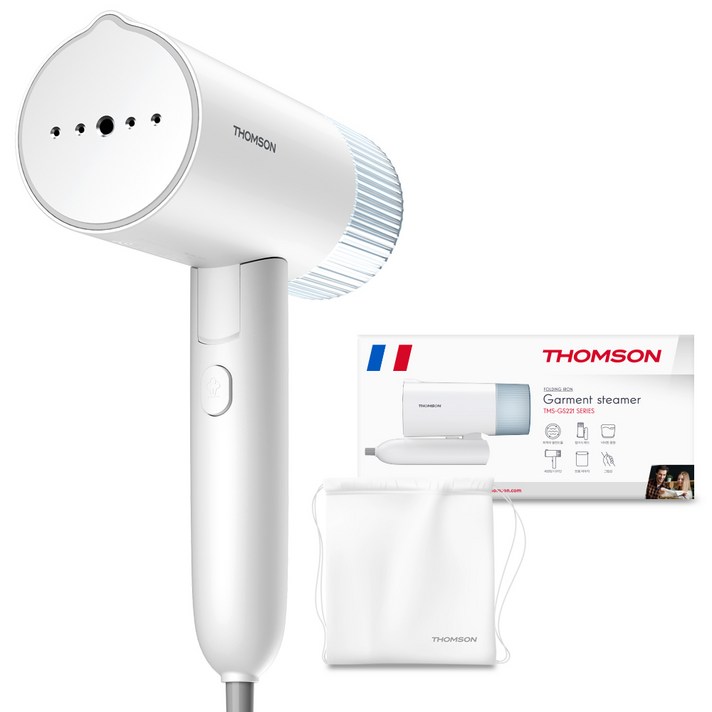 프랑스 톰슨 접이식 파워스팀 초고속예열 핸디형 2in1 원터치 스팀다리미  파우치 세트, 화이트, 화이트 TMSGS221