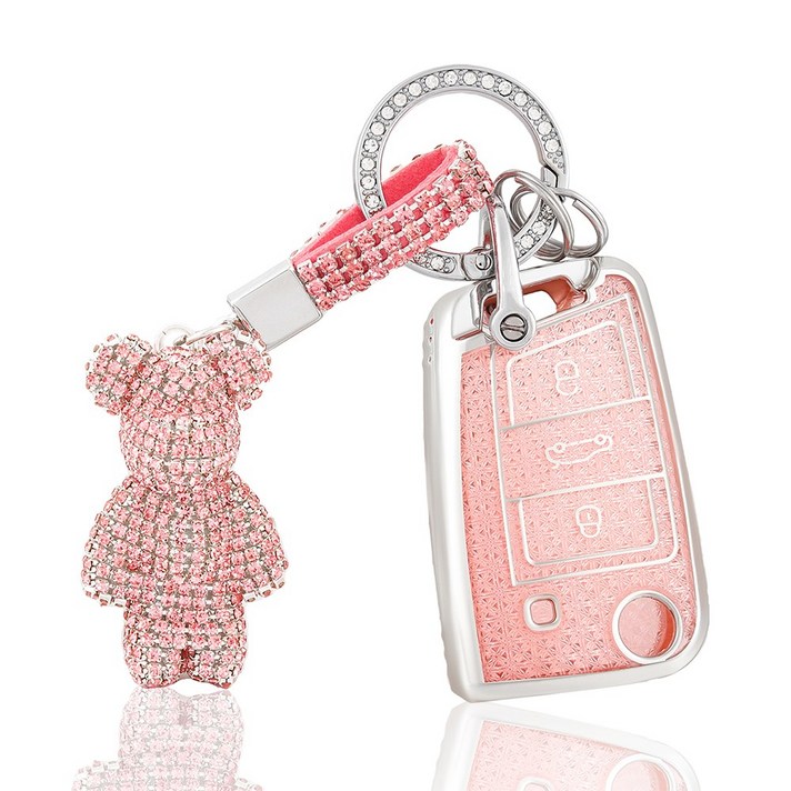 OFFCURVE 폭스바겐 큐빅곰돌이 3버튼 TPU 키커버, 티구안 아테온 골프 제타 파사트 호환, 반짝이 보석 자동차 키홀더, 핑크 실버