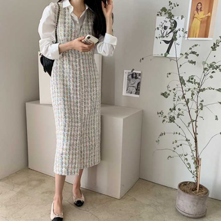 핑크엘리제 투웨이 슬릿 트위드 베스트 원피스 카밀롱원피스