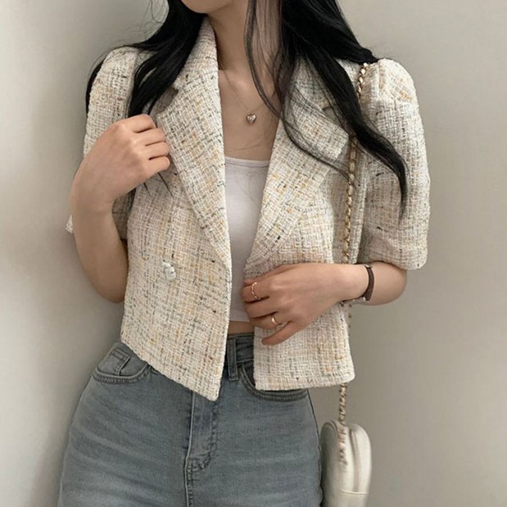 레티고 여성 여름 카라 트위드 반팔 숏 자켓