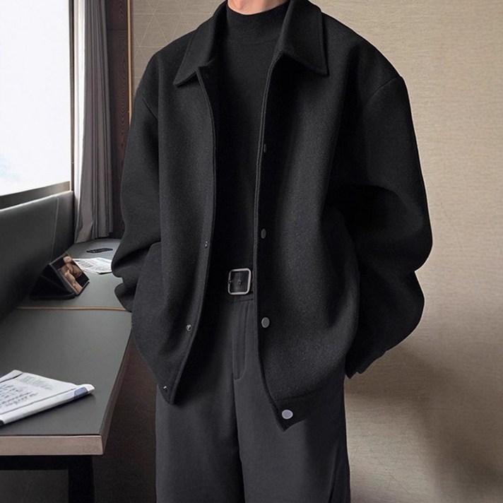 ANYOU 남자 봄철 모직코트 하프 캐주얼 보온 루즈핏 정장 코트