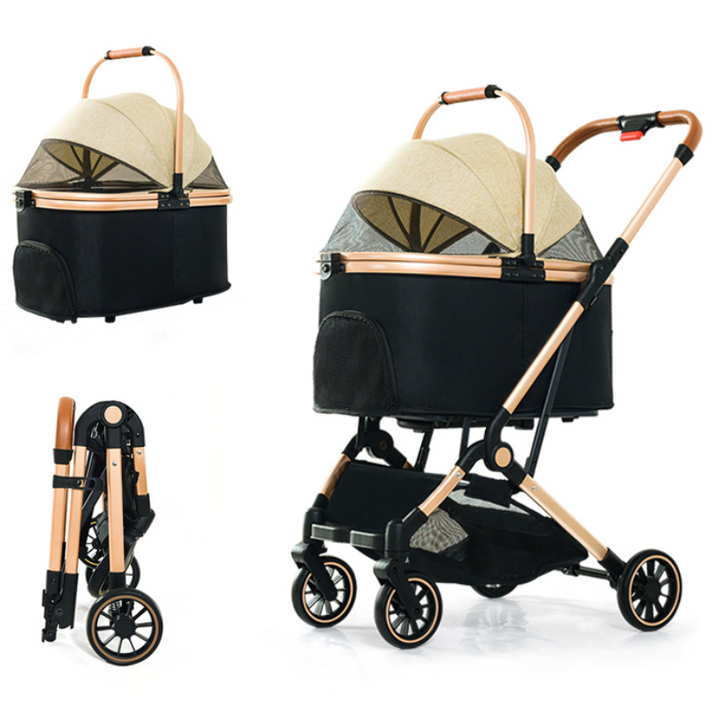 FODOSS 강아지 유모차 접이식 분리형 알루미늄 합금 개모차 야외 산책 옷감 고양이유모차, 카키색, 1개