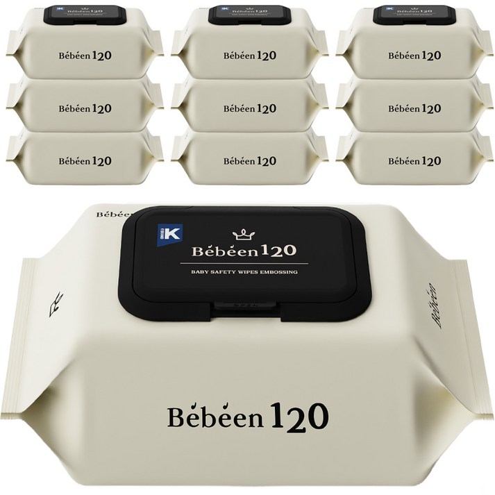 Bebeen 120 엠보싱 대용량 유아물티슈 캡형, 10팩, 120매 20221211