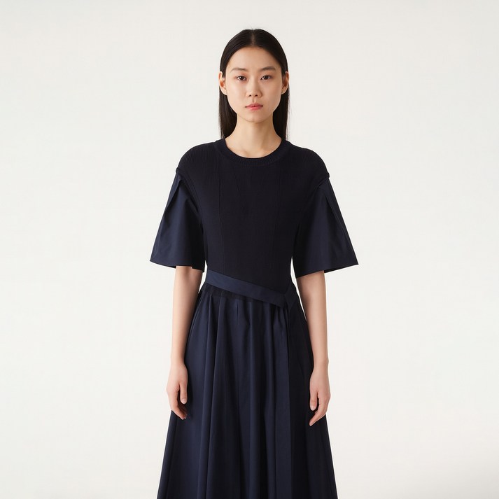 온앤온 여성용 니트 배색 제천 벨트 플리츠 원피스