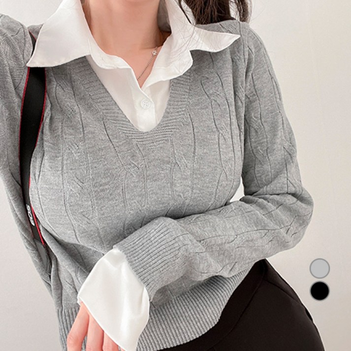 밀키버터 여성용 셔츠 레이어드 꽈배기 니트