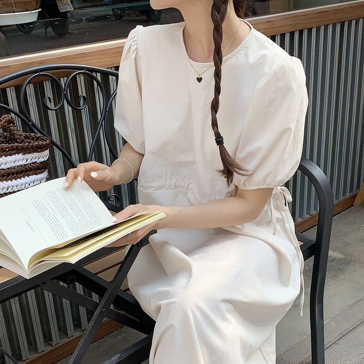 앤샵 자체제작국내생산 여성용 여름 링클 아노락 반팔 셔링 롱원피스3color