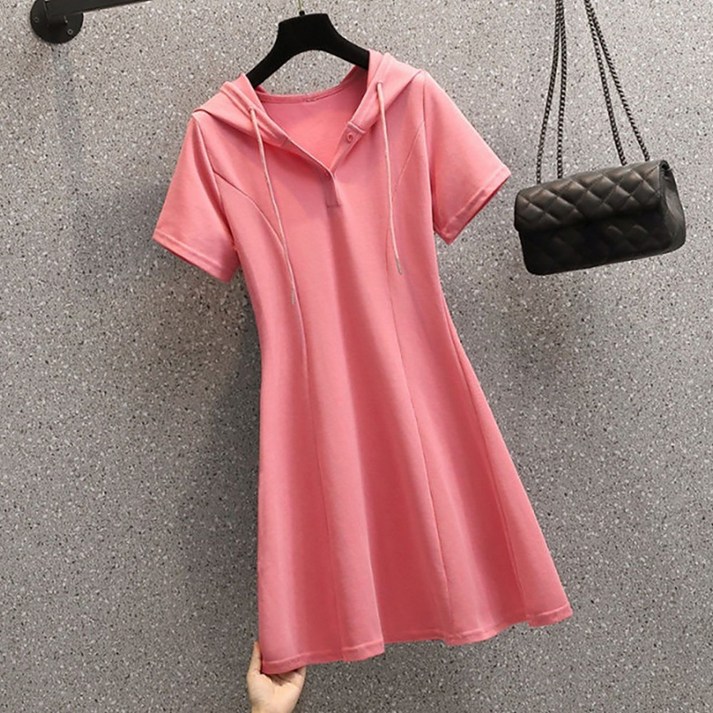 ROYALBELLE 여성 후드 스트링 반팔 원피스 허리 라인 데일리 미니 티 원피스 E0041110