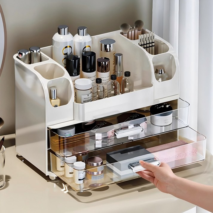 Shipshape 투명 서랍식 다용도 화장품 정리함 대용량 정리대, 화이트, 1개