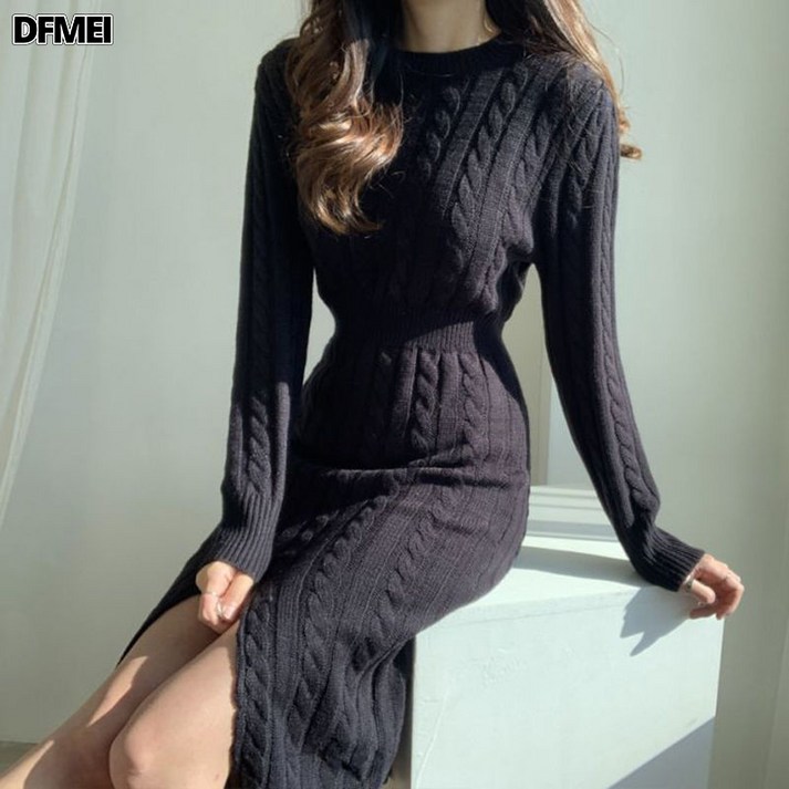 DFMEI 프렌치 롱 퍼 원피스 무릎 위 도톰 이너 니트 원피스 자녀