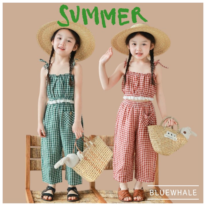 블루고래 최신상 여름 바캉스 체크 상하세트 나시 긴바지 여름 해변룩 바캉스룩 휴가룩 자매커플룩 여름상하세트