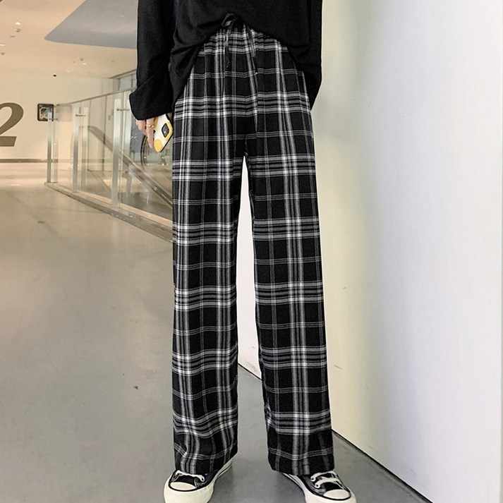 모어가든 와이드팬츠 스판 밴딩 통바지 일자  체크 팬츠  커플 남녀공용 긴바지
