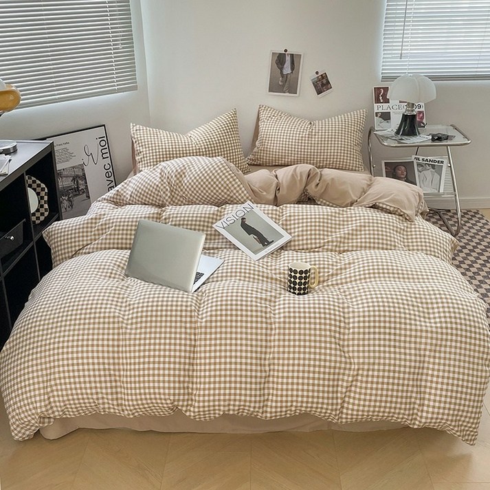 스트라이프 체크 무늬 이불 커버 - 기계 세탁 가능, 수축 방지, 사계절에 적합 - 부드러운 재질, 통기성이 좋은 침대용품, 침실 및 게스트룸에 적합, 갈색 작은 칸