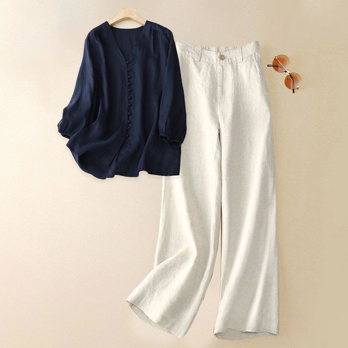 제이엠지아 여성 편안한 면마 상하세트 심플하고 시원한 면마셋업