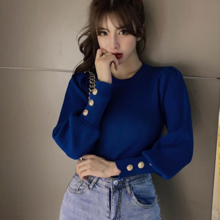 무료배송 당일출고 골드 소매 단추 퍼프소매 럭셔리 라운드 니트
