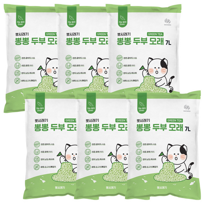 뽀시래기 응고형 고양이 뽕뽕 두부 모래, 7L, 6개, 녹차
