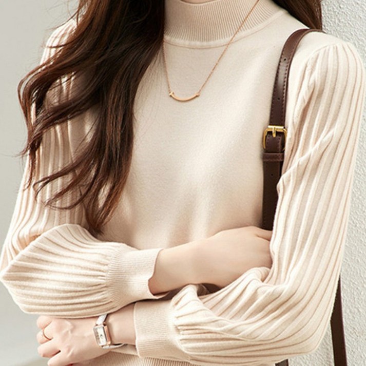 TIMEPURE 봄가을 여성 반하이넥 이너웨어 니트 티셔츠 슬림핏