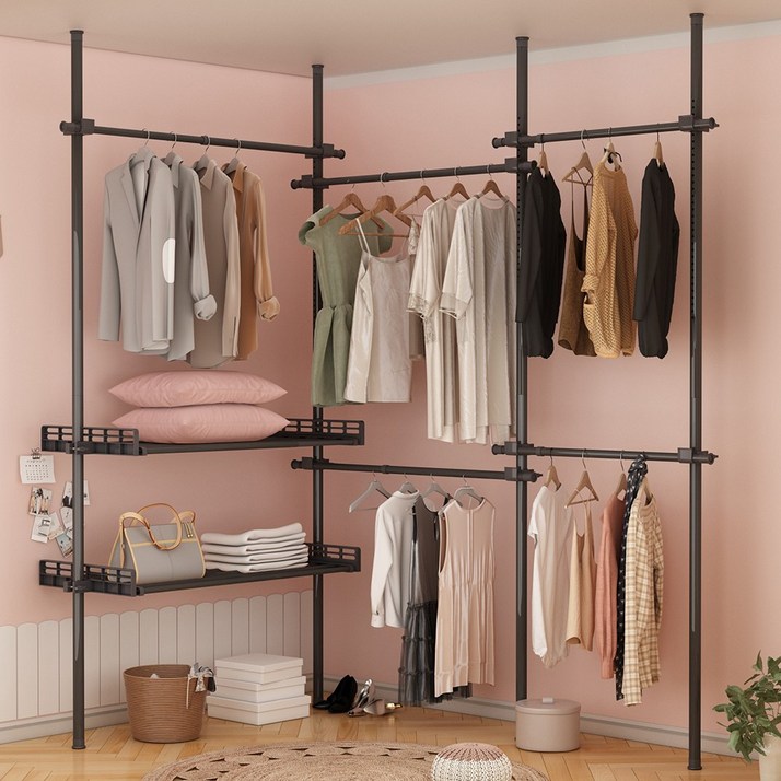 하이주 튼튼한 옷걸이행거수납선반 세트 설치형 스프링식 압축봉 너비조절 가능, 블랙