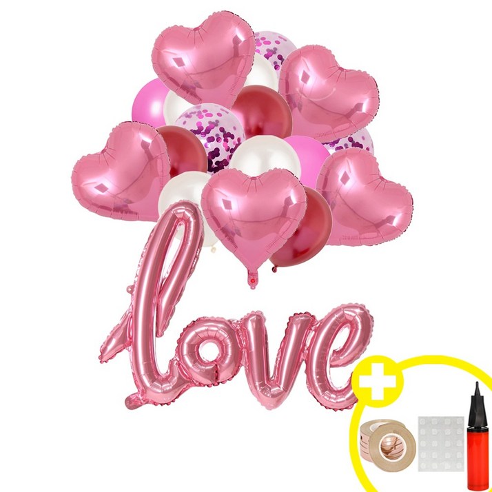 [러블리 파티] love 하트 은박풍선 컨페티 혼합풍선 파티용품세트 인생샷 포토존 연출템 5옵션 [에브리띵스마일] 1228, 1세트, 핑크 혼합 풍선