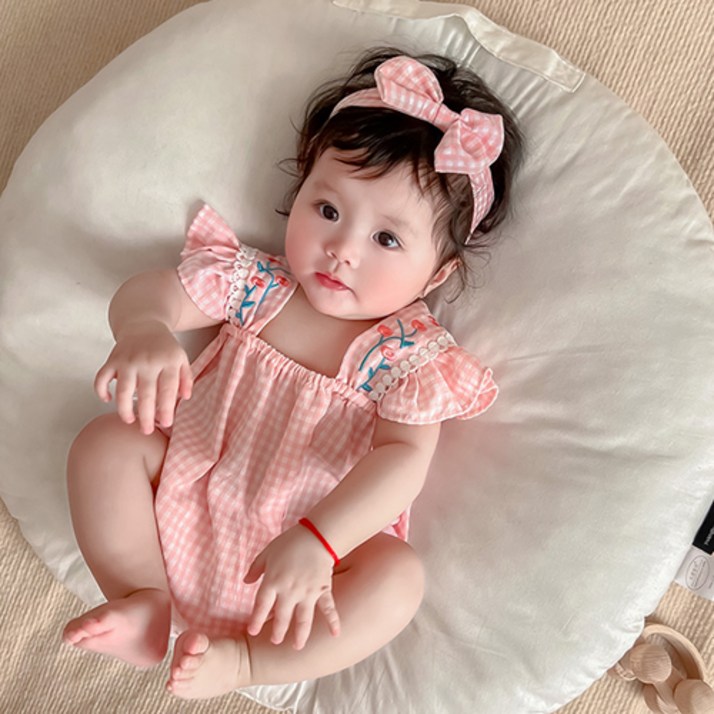 당일발송 아기 바디슈트 헤어밴드 세트 신생아 여름 옷 민소매 나시 외출복 체크 촬영의상