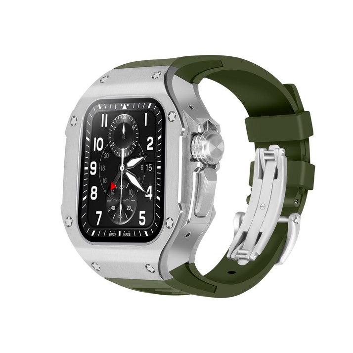 강질 커버 메탈 케이스 불소 고무 테이프 스트랩 적용 대상 애플워치 울트라2 49mm, 실버 그린 강질 커버 메탈 케이스 불소 고무 테이프 스트랩 적용 대상 애플워치 울트라2 49mm, 실버 그린