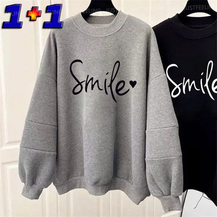 JUSTFEELING 1+1/2장세트 라운드넥 영문글짜 기모/기모없이 긴팔맨투맨 벌룬소매 풀오버 따뜻한 편하게 박시핏 간절기 긴팔 티셔츠 상의