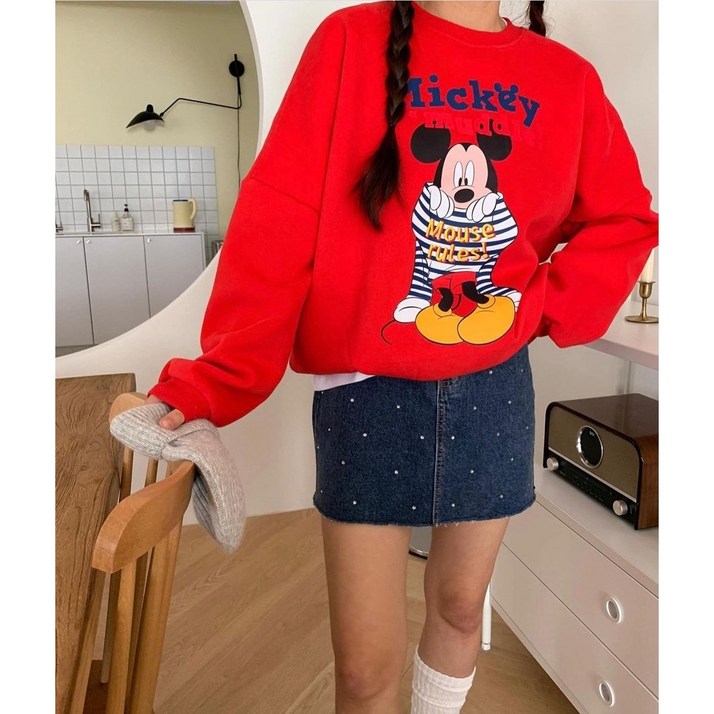 어바운드 정품미키 캐릭터 맨투맨 기모맨투맨 오버핏 티셔츠