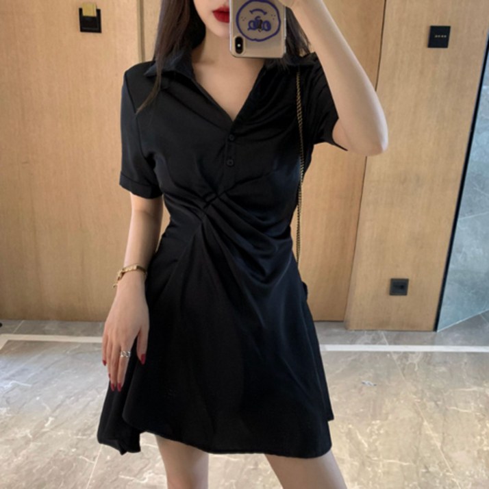 감성갤러리 카라 셔링 반팔 플레어 A라인 원피스 하객룩 데이트룩 SC028