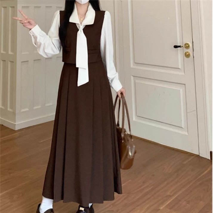 COSYEVNO 긴팔 셔츠 원피스 허리 조임 통근 패션 레이어드 봄 여성 A라인 롱스커트