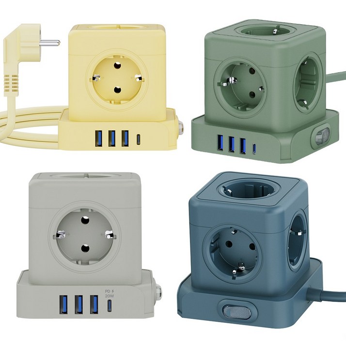 티메코 20W 고속충전 5구 멀티탭 TMC10 SF코팅 큐브 디자인 C타입 USB 1.8M 전선형, 1개, 그린, 1.8m