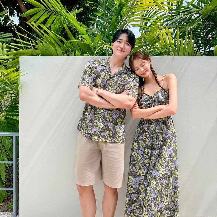 [44~77] 우버드 정글 산책 휴양지 커플룩 신혼여행 여성 여름 바캉스 롱원피스 허니문 하와이안 비치룩 시밀러룩 반팔셔츠 세트 휴가 여행용 베트남 해변옷