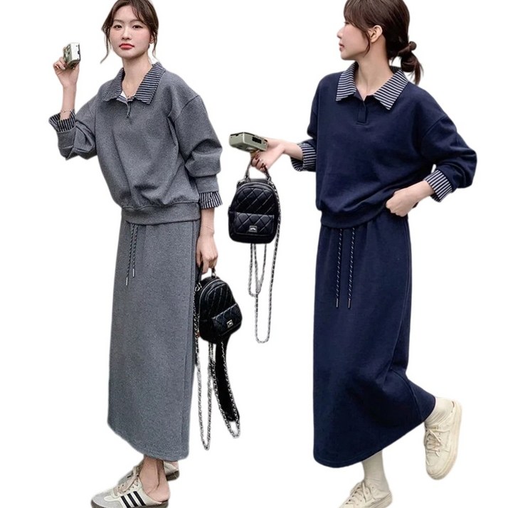 Yumico 여성 루즈핏 카라넥 캐주얼 맨투맨 투피스 치마세트 빅사이즈 하객룩 데일리 체형커버 오버핏 카고 허리밴딩 스커트투피스 맨투맨 상하세트