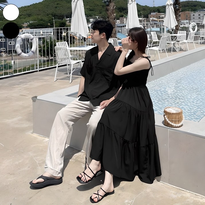 가비진 여성용 스모크 끈 롱 원피스  무지 카라 반팔셔츠 남녀 커플룩 시밀러룩 휴가룩 바캉스룩 세트 남여개별구매