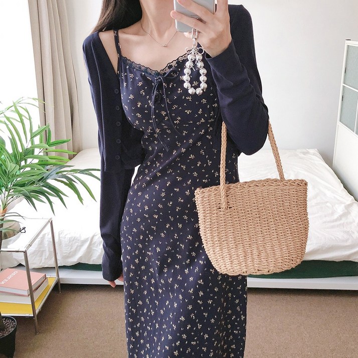 요시아나 [당일발송] 여리여리핏 르비덴 얇은 가디건 꽃무늬 끈나시 롱원피스 세트 2컬러