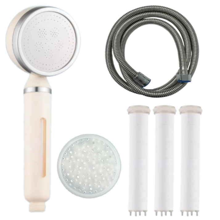 리빙가이드 수압상승 이중 필터 샤워기 헤드 호스세트 + 샤워호스 1.5m + 바디필터 3p + 헤드필터 1p, 아이보리, 1개
