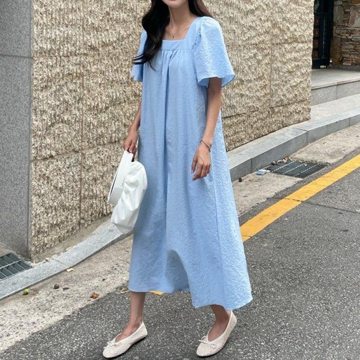 피핀샵 스퀘어넥 퍼프소매 롱 원피스 38560