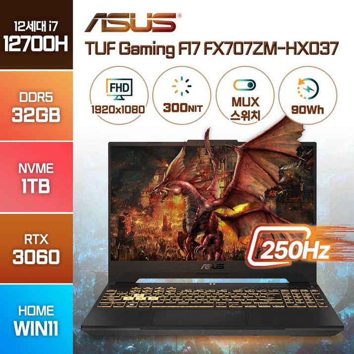 ASUS TUF Gaming F17 FX707ZMHX037 인텔 12세대 i712700H RTX3060 윈도우11, 메카 그레이, FX707ZM, 코어i7, 1TB, 32GB, WIN11 Home